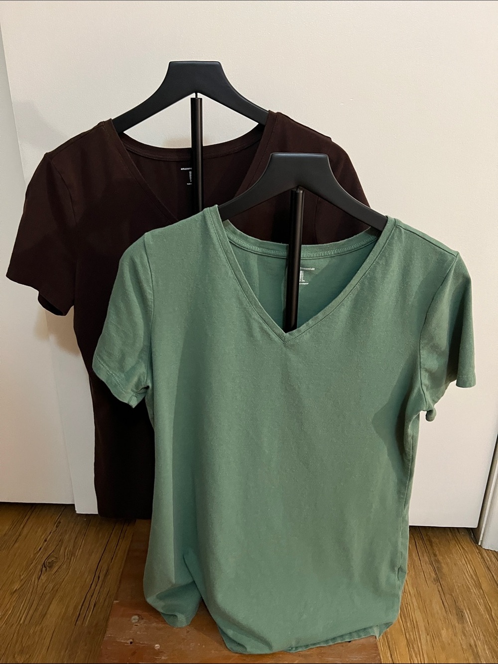 Amazon Essentials Women's V-Neck Tee in Sage and Chocolate